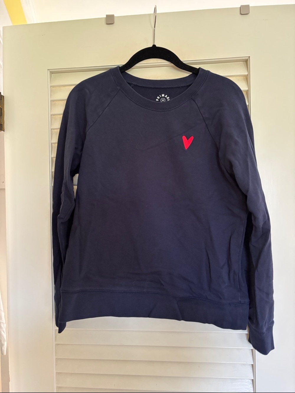 Primary Navy Crewneck with Red Heart Accent, women XS